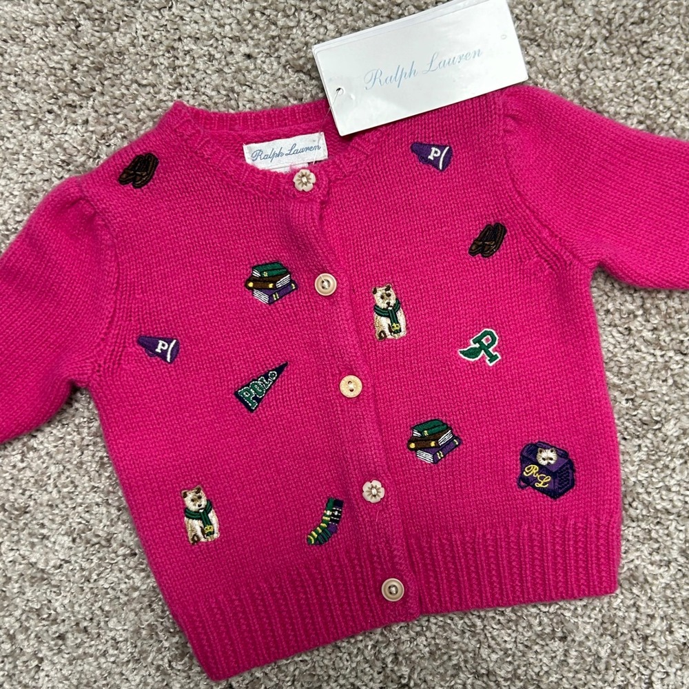 NWT Ralph Lauren Embroidered Wool Blend Cardigan Baby Size 3M Pink Prep School